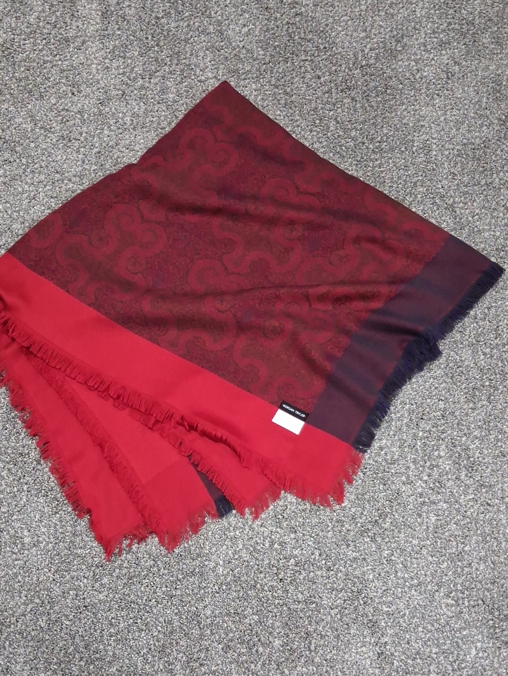 Vintage Morgan Taylor 100% Acrylic Scarf With Fronge 50x50" Square. Red And Blue